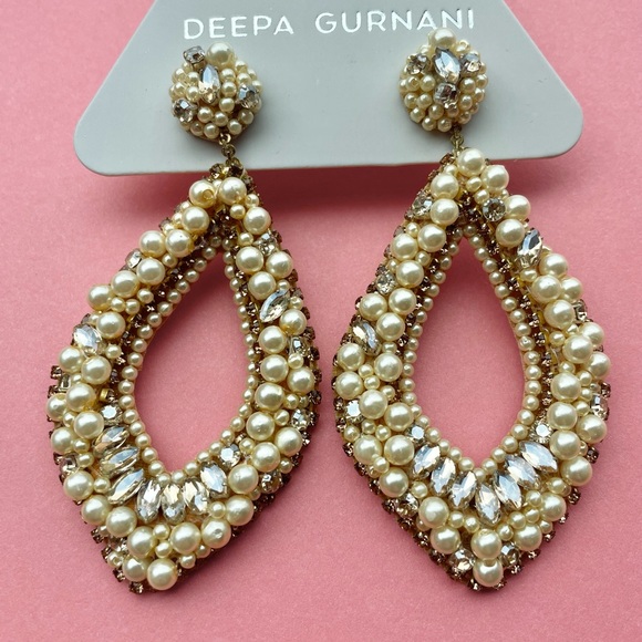 Deepa Gurnani Pearl & Rhinestone Statement Chandelier Earrings Ivory NWT - Picture 3 of 14